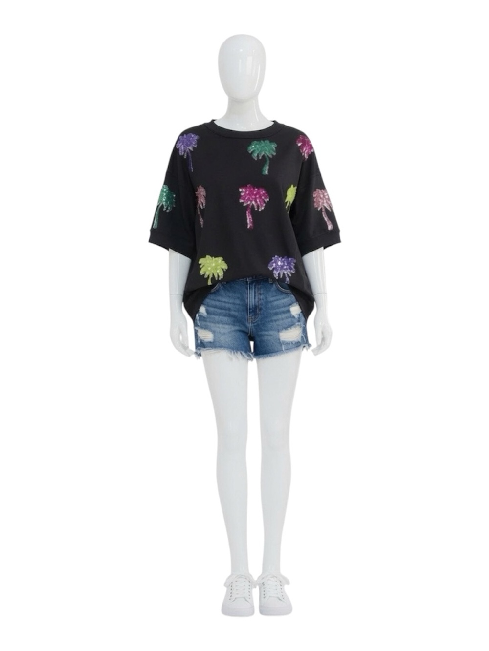 FANTASTIC FAWN black sequin palm trees oversized French terry top S M L
